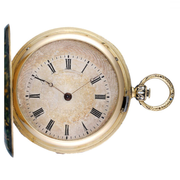 A French cylinder in a gold and enamel hunter case Circa 1835 A French cylinder in a gold and enamel hunter case Circa 1835