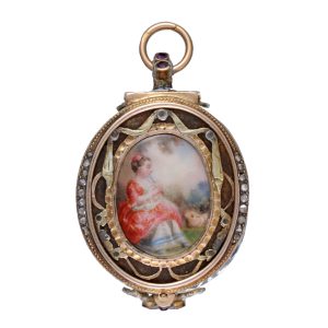 Oval rock crystal, gold and enamel pendant watch Circa 1840