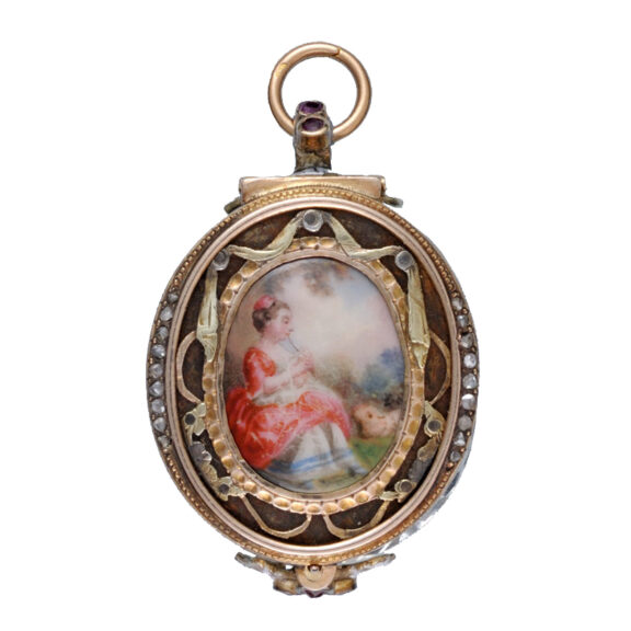 Oval rock crystal, gold and enamel pendant watch Circa 1840
