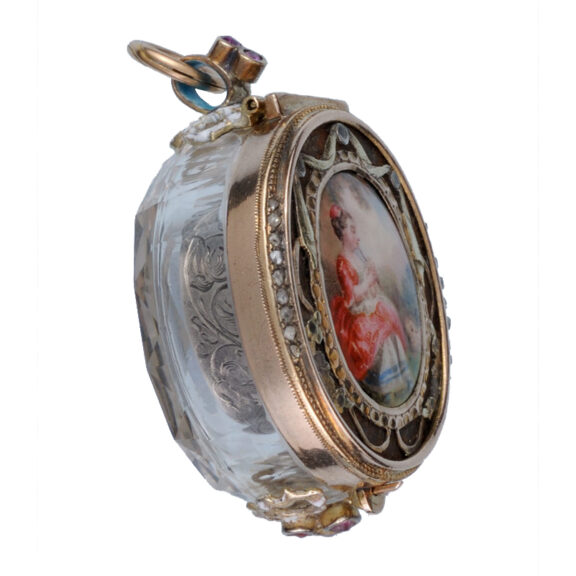 PA0270 - 3Oval rock crystal, gold and enamel pendant watch Circa 1840 Oval rock crystal, gold and enamel pendant watch Circa 1840