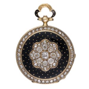 Swiss cylinder in diamond set gold, enamel open face case Circa 1840