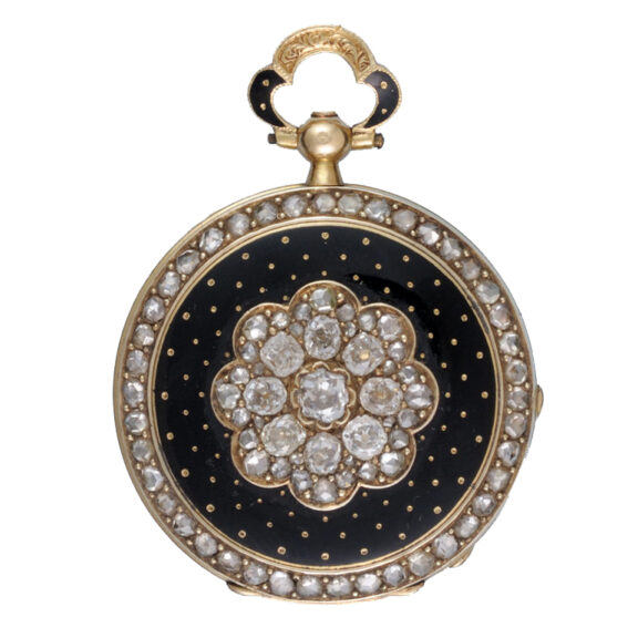 Swiss cylinder in diamond set gold, enamel open face case Circa 1840
