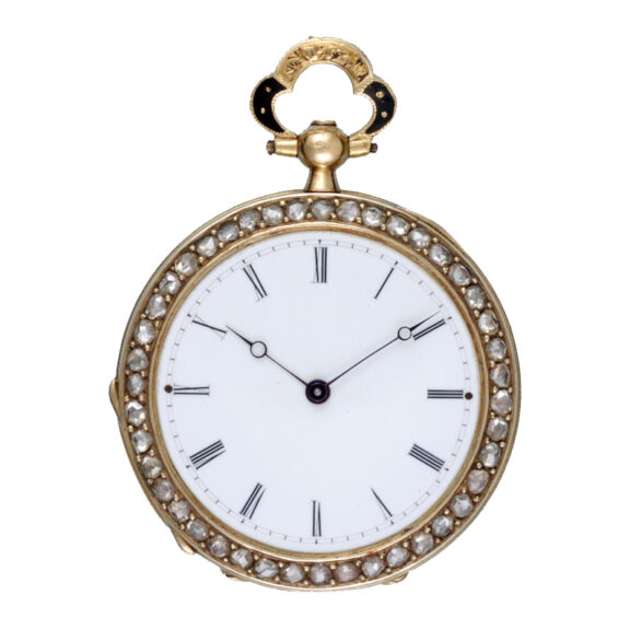 Swiss cylinder in diamond set gold, enamel open face case Circa 1840 Swiss cylinder in diamond set gold, enamel open face case Circa 1840