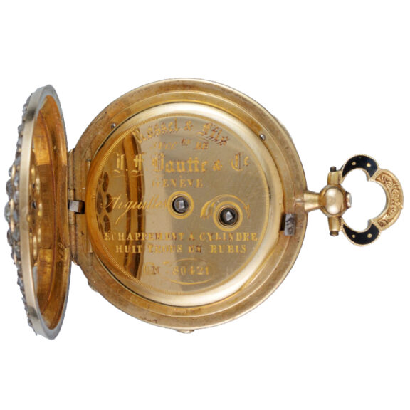 Swiss cylinder in diamond set gold, enamel open face case Circa 1840 Swiss cylinder in diamond set gold, enamel open face case Circa 1840