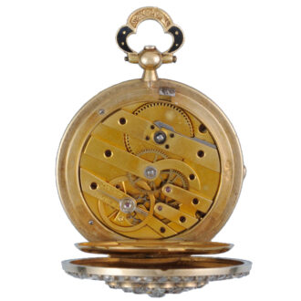 Swiss cylinder in diamond set gold, enamel open face case Circa 1840