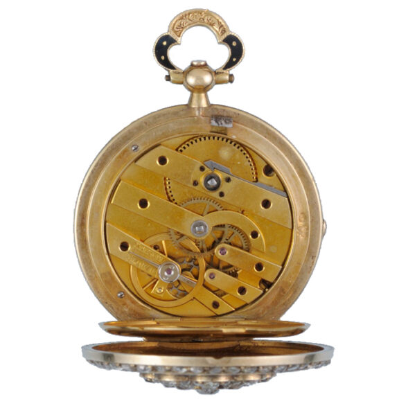 Swiss cylinder in diamond set gold, enamel open face case Circa 1840 Swiss cylinder in diamond set gold, enamel open face case Circa 1840