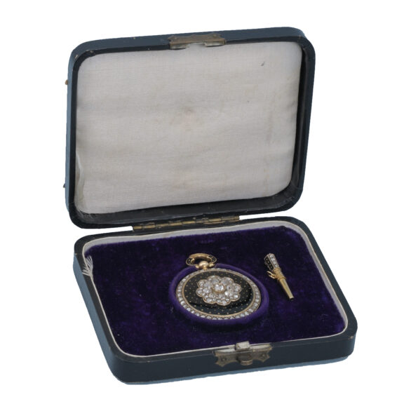 Swiss cylinder in diamond set gold, enamel open face case Circa 1840PA0271 - 6 Swiss cylinder in diamond set gold, enamel open face case Circa 1840