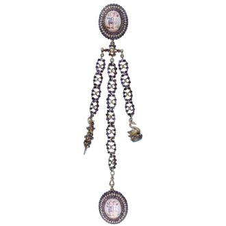 Swiss silver, enamel gem set chatelaine Circa 1840 Swiss silver, enamel gem set chatelaine Circa 1840