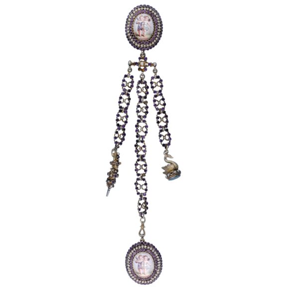 Swiss silver, enamel gem set chatelaine Circa 1840 Swiss silver, enamel gem set chatelaine Circa 1840