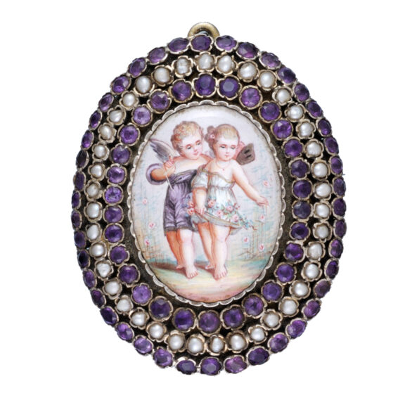 Swiss silver, enamel gem set chatelaine Circa 1840 Swiss silver, enamel gem set chatelaine Circa 1840