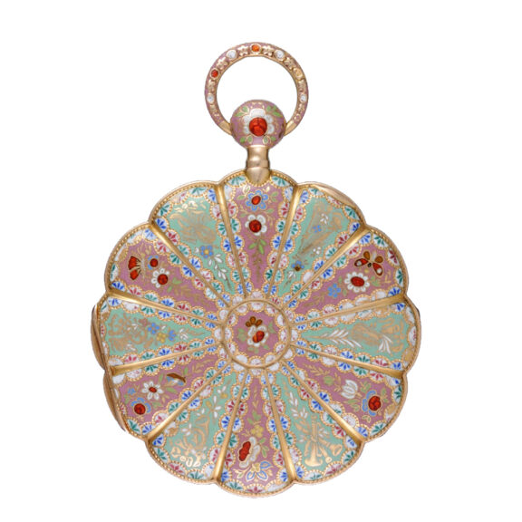 A French quarter repeating cylinder in gold, champlevé enamel case Circa 1830 A French quarter repeating cylinder in gold, champlevé enamel case Circa 1830