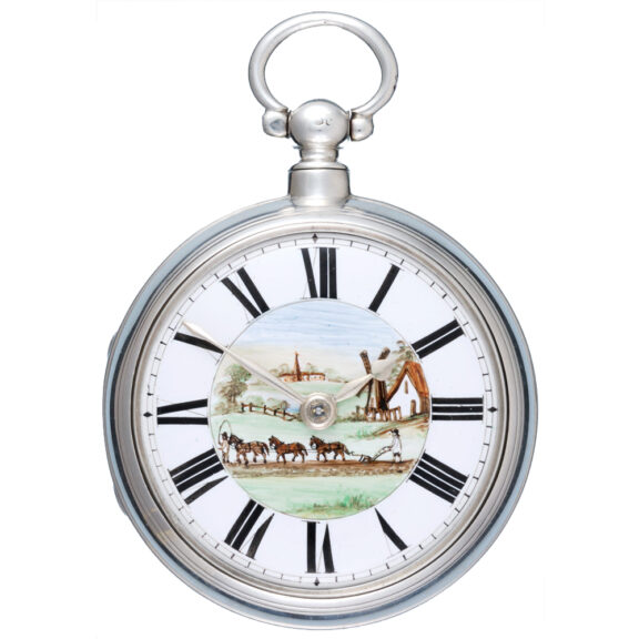 English silver pair-cased verge with decorative dial Circa 1858