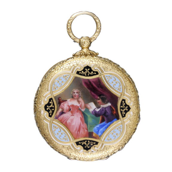 A cylinder in a gold and enamel open face case Circa 1860