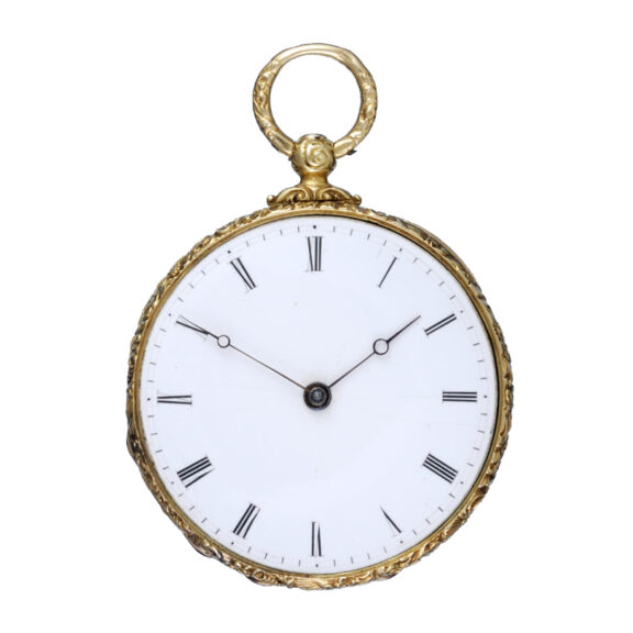 A cylinder in a gold and enamel open face case Circa 1860 A cylinder in a gold and enamel open face case Circa 1860