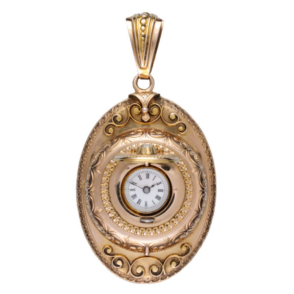 Swiss cylinder in unusual gold oval pendant case Circa 1860