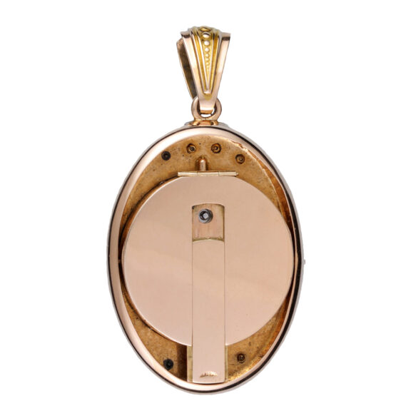Swiss cylinder in unusual gold oval pendant case Circa 1860 Swiss cylinder in unusual gold oval pendant case Circa 1860