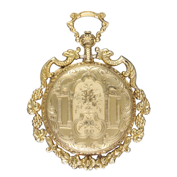 A Swiss cylinder in a decorative gold open face case Circa 1860 A Swiss cylinder in a decorative gold open face case Circa 1860