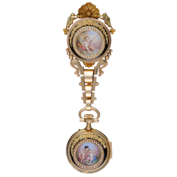Swiss gold, enamel and pearl-set cylinder watch Circa 1870