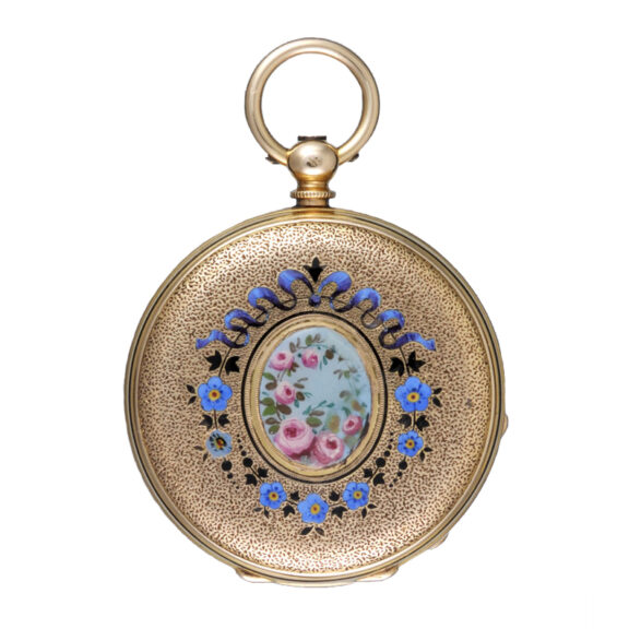 Swiss cylinder in gold and enamel open face case Circa 1880 Swiss cylinder in gold and enamel open face case Circa 1880