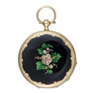 Swiss cylinder in a diamond set gold and enamel case Circa 1880