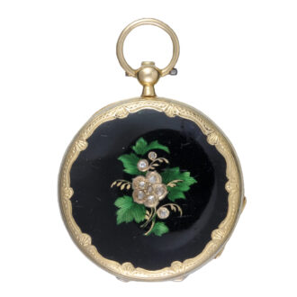 Swiss cylinder in a diamond set gold and enamel case Circa 1880 Swiss cylinder in a diamond set gold and enamel case Circa 1880