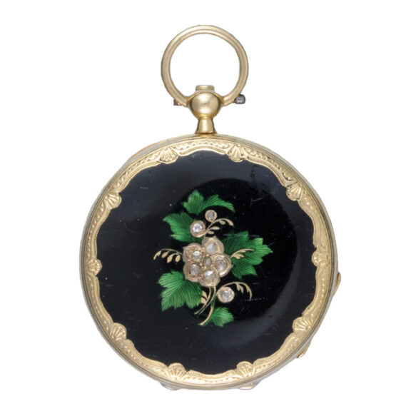 Swiss cylinder in a diamond set gold and enamel case Circa 1880 Swiss cylinder in a diamond set gold and enamel case Circa 1880