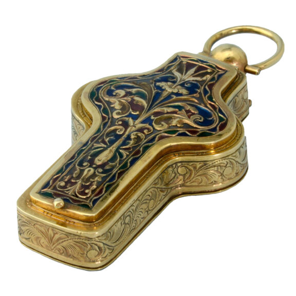 Swiss cylinder in gold crucifix case set with plique a jour Circa 1880