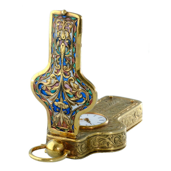 Swiss cylinder in gold crucifix case set with plique a jour Circa 1880 Swiss cylinder in gold crucifix case set with plique a jour Circa 1880