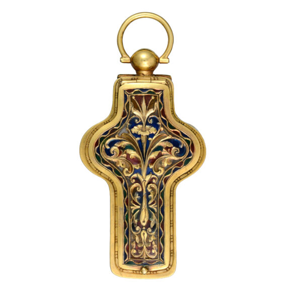 Swiss cylinder in gold crucifix case set with plique a jour Circa 1880 Swiss cylinder in gold crucifix case set with plique a jour Circa 1880