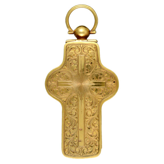 Swiss cylinder in gold crucifix case set with plique a jour Circa 1880 Swiss cylinder in gold crucifix case set with plique a jour Circa 1880