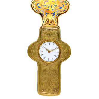 Swiss cylinder in gold crucifix case set with plique a jour Circa 1880