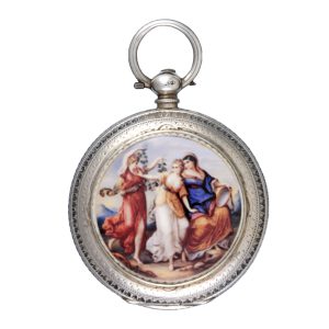 Silver, engraved Swiss cylinder with applied enamel plaque Circa 1881