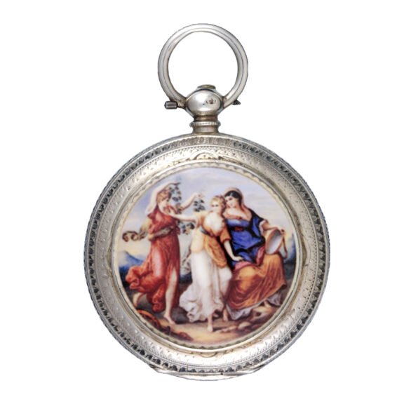 Silver, engraved Swiss cylinder with applied enamel plaque Circa 1881