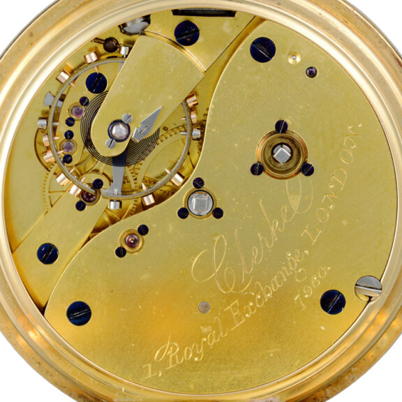 A gold English keyless fusee lever with power reserve Circa 1888 A gold English keyless fusee lever with power reserve Circa 1888