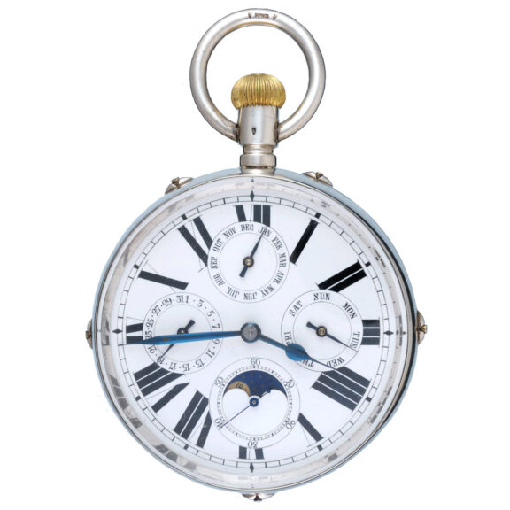 Swiss lever with moonphase calendar in glass ball clock Circa 1890 Swiss lever with moonphase calendar in glass ball clock Circa 1890