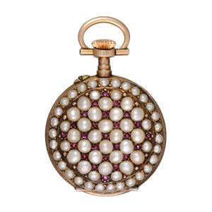 A Swiss cylinder in a pearl and ruby set open face case Circa 1890