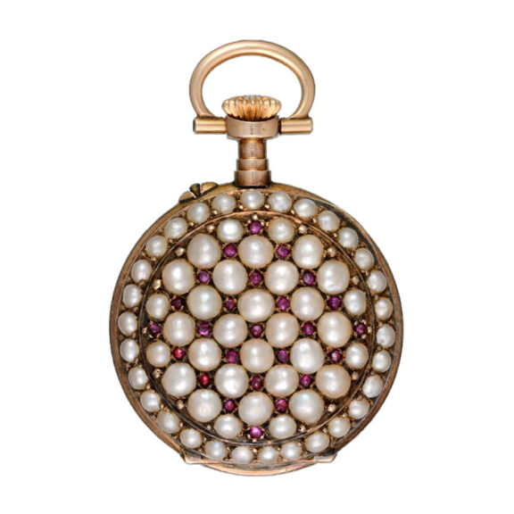 A Swiss cylinder in a pearl and ruby set open face case Circa 1890