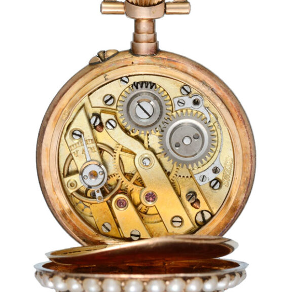 A Swiss cylinder in a pearl and ruby set open face case Circa 1890 A Swiss cylinder in a pearl and ruby set open face case Circa 1890