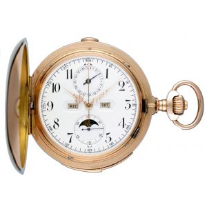 A minute repeating calendar in a gold full hunter case Circa 1890