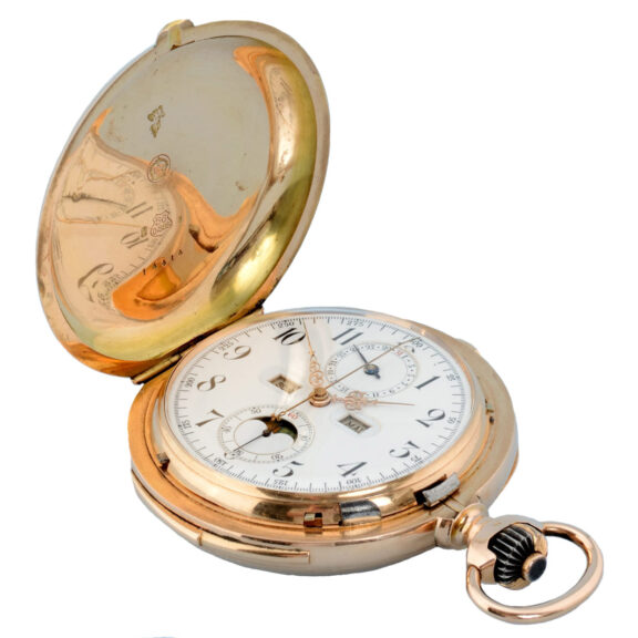 A minute repeating calendar in a gold full hunter case Circa 1890 A minute repeating calendar in a gold full hunter case Circa 1890
