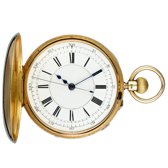 English 18K gold half-hunting cased chronograph Circa 1891 English 18K gold half-hunting cased chronograph Circa 1891