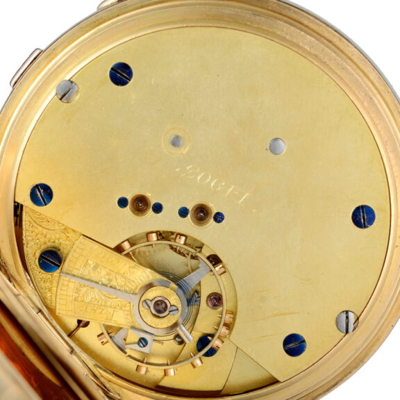 English 18K gold half-hunting cased chronograph Circa 1891 English 18K gold half-hunting cased chronograph Circa 1891