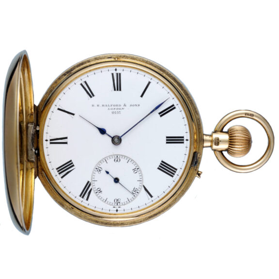 An English lever pocket watch in gold half hunter case Circa 1892 An English lever pocket watch in gold half hunter case Circa 1892