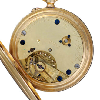 An English lever pocket watch in gold half hunter case Circa 1892