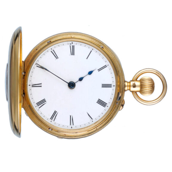 An English lever pocket watch in gold half hunter case Circa 1892 An English lever pocket watch in gold half hunter case Circa 1892