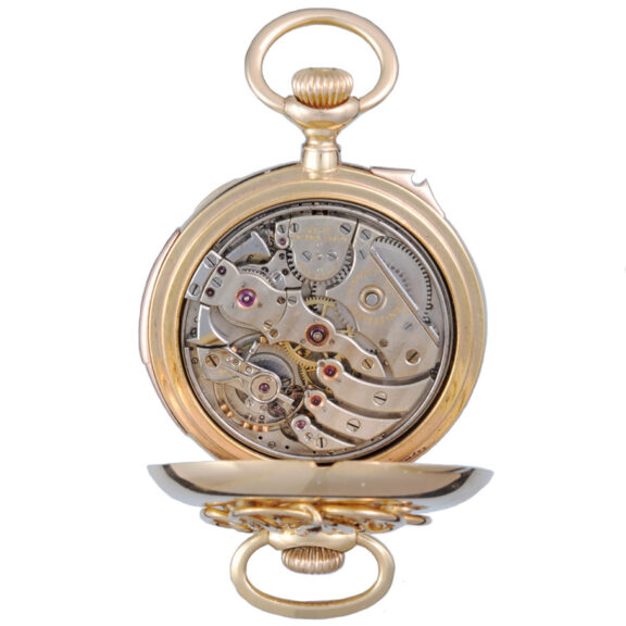 Swiss minute repeating lever in a gold open face case Circa 1894 Swiss minute repeating lever in a gold open face case Circa 1894