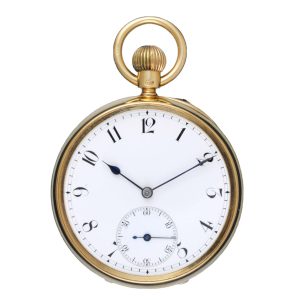 An English lever pocket watch in a gold open face case Circa 1897