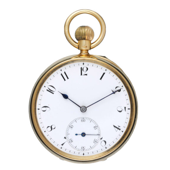 An English lever pocket watch in a gold open face case Circa 1897