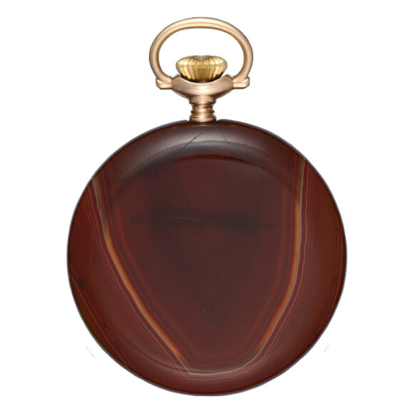 A lever pocket watch in gold set agate open face case Circa 1900