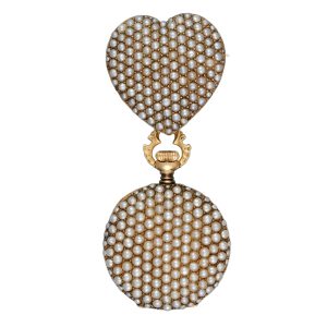Pearl set gold fob watch and heart shaped pendant Circa 1905